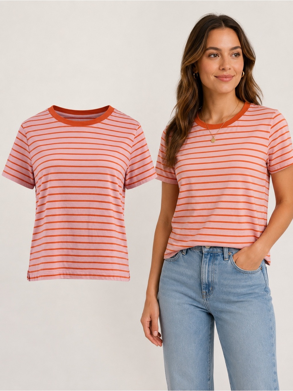 FREE ASSEMBLY | Organic Cotton Pink Orange Striped Coastal Tee | Size Small